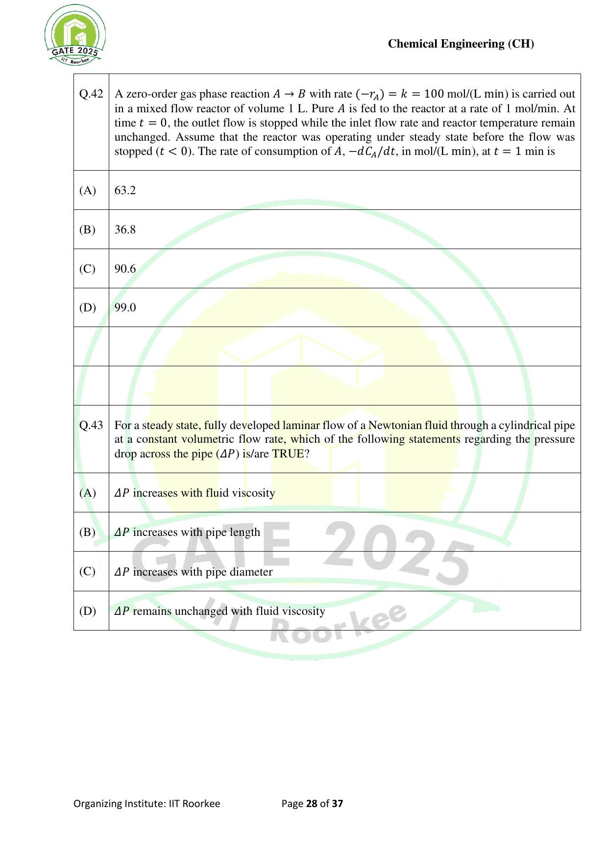 GATE 2025 Chemical Engineering (CH) Question Paper - Page 28
