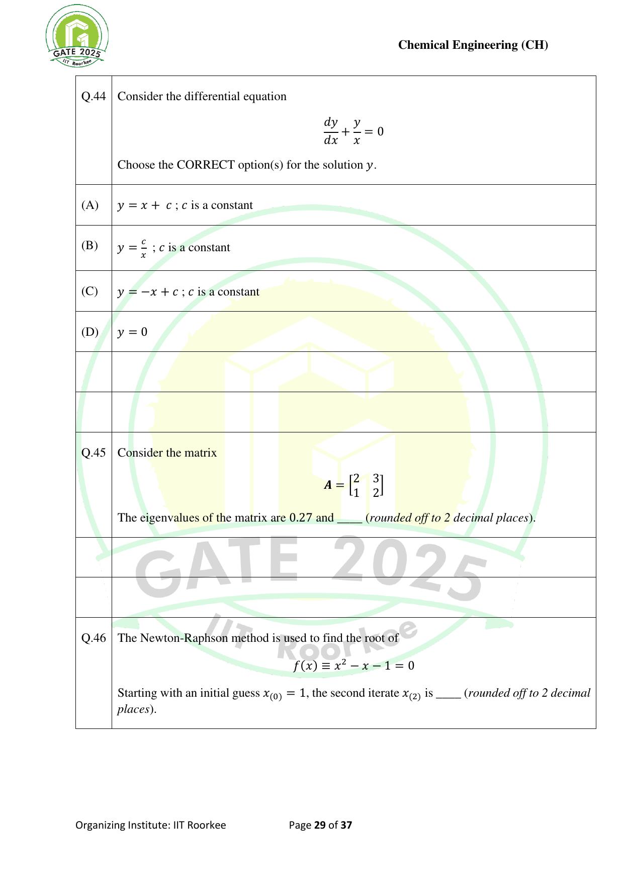 GATE 2025 Chemical Engineering (CH) Question Paper - Page 29