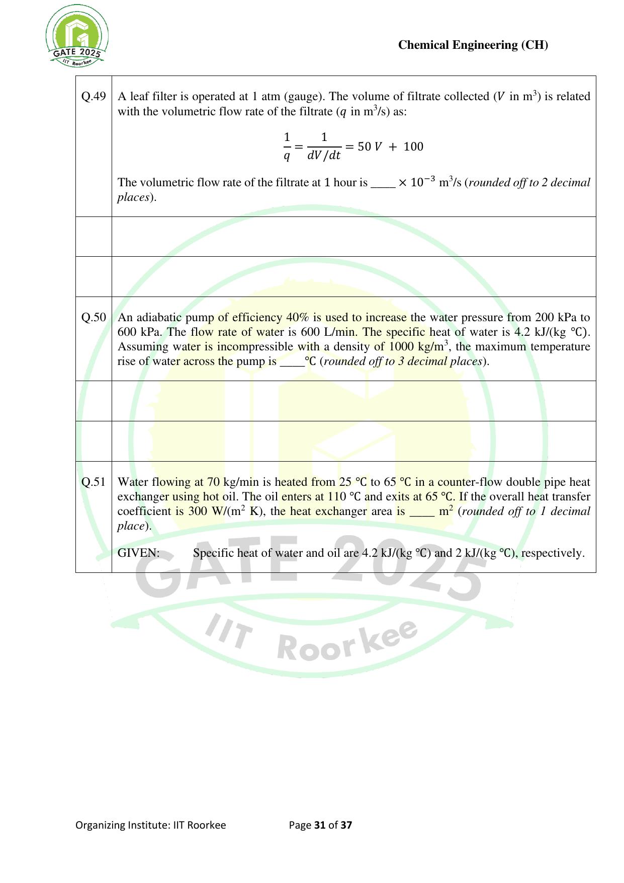 GATE 2025 Chemical Engineering (CH) Question Paper - Page 31