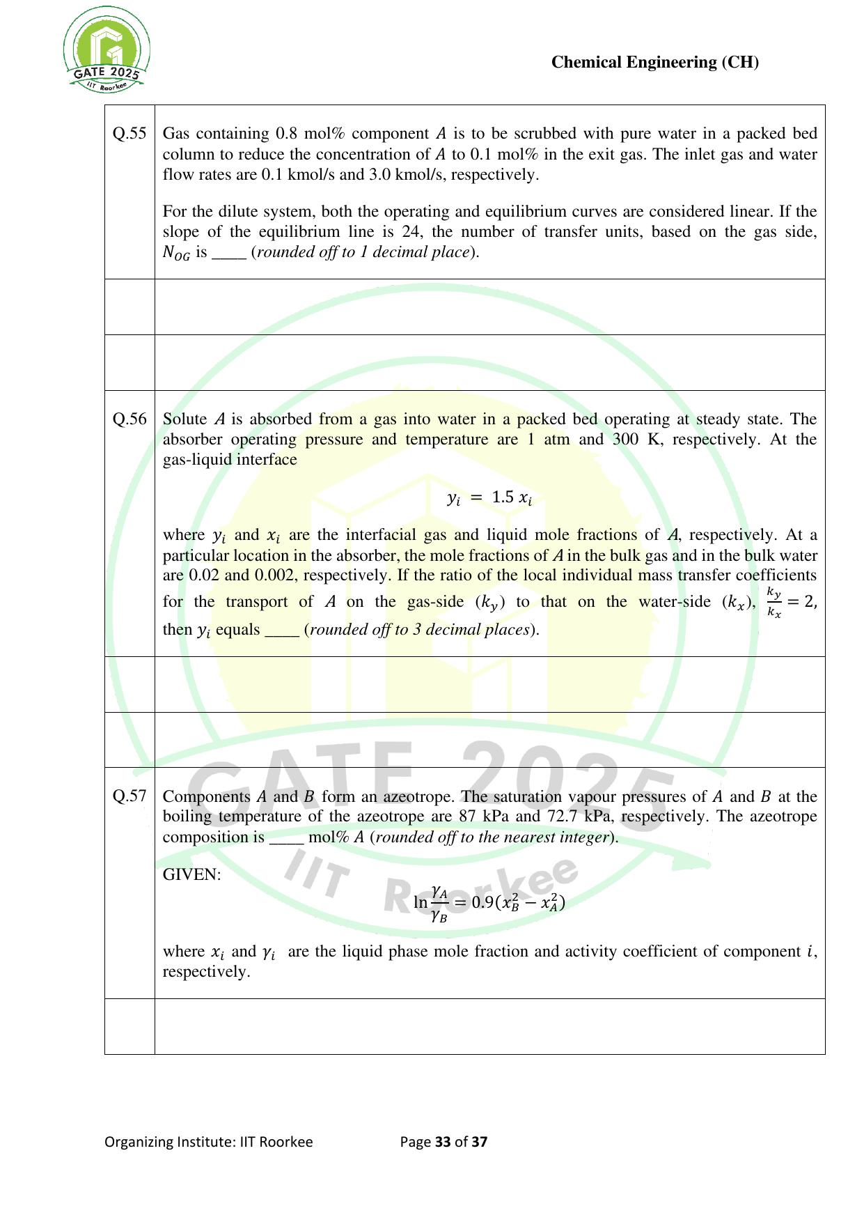 GATE 2025 Chemical Engineering (CH) Question Paper - Page 33
