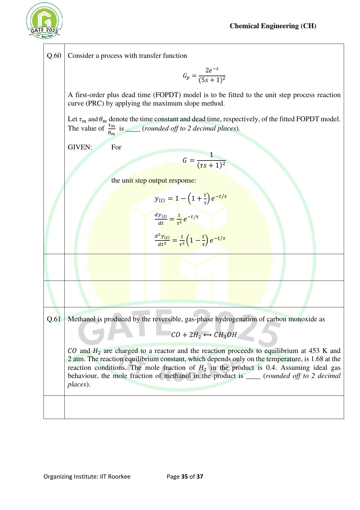 GATE 2025 Chemical Engineering (CH) Question Paper - Page 35