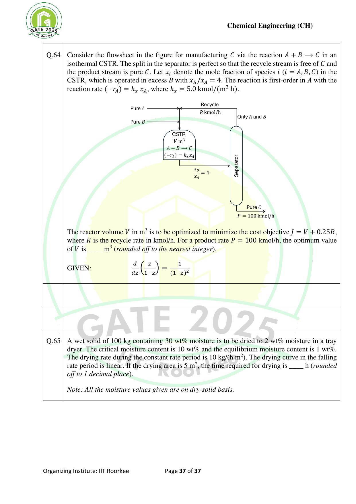 GATE 2025 Chemical Engineering (CH) Question Paper - Page 37