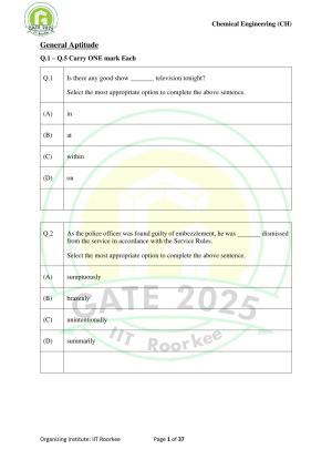 GATE 2025 Chemical Engineering (CH) Question Paper