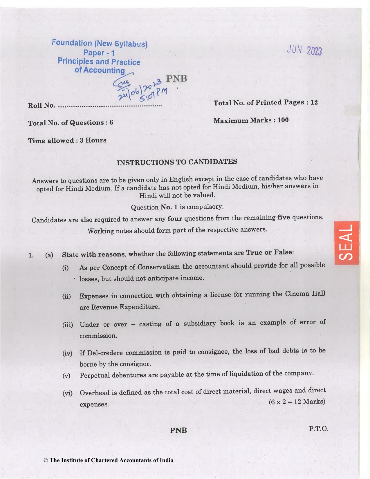 CA Foundation June 2023 Question Paper - Paper 1 (Principles and Practice of Accounting) - Page 1