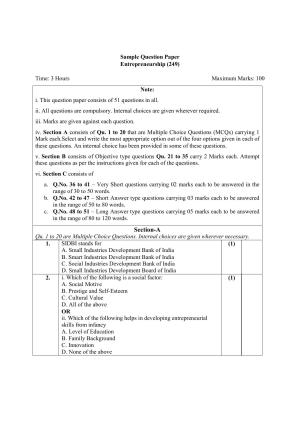 NIOS Class 10 Entrepreneurship (249) Sample Paper