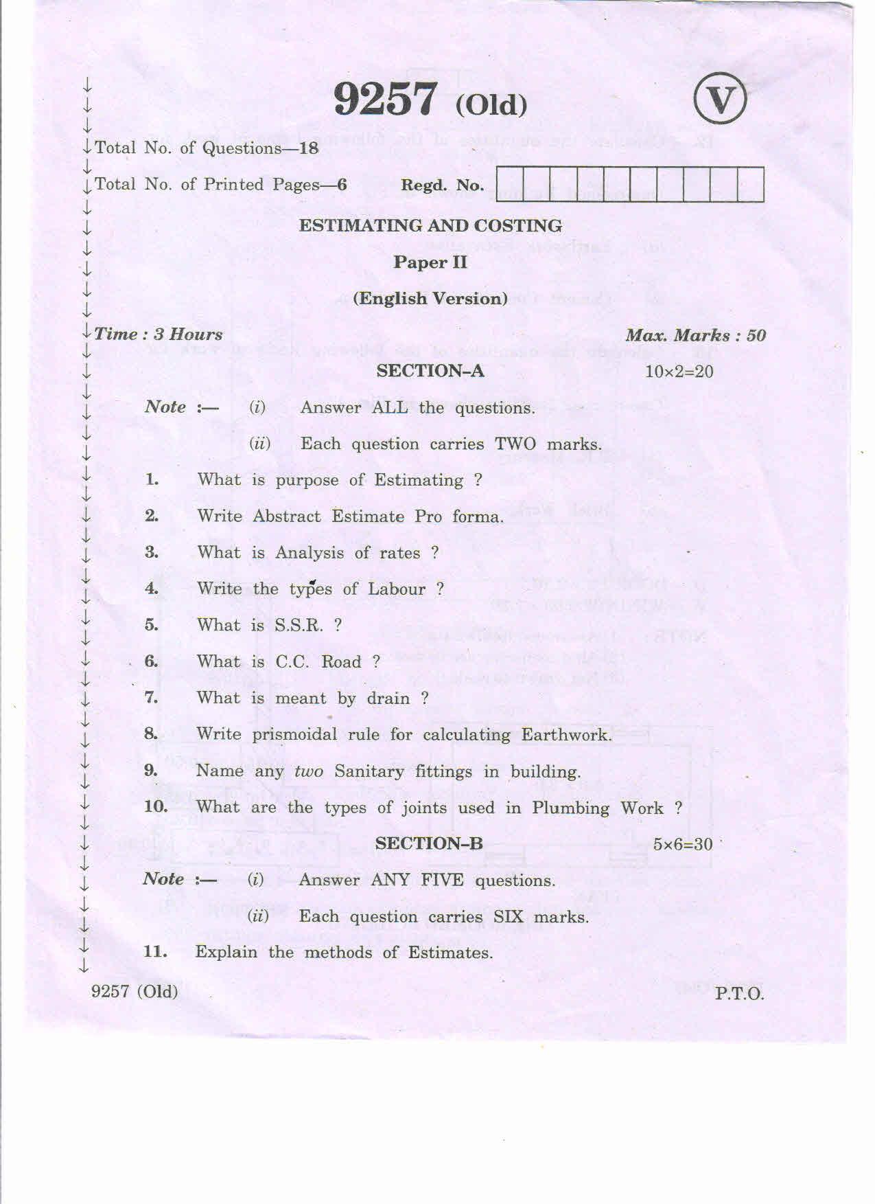 AP Inter 2nd Year Vocational Question Paper March - 2020 - Estimating and Costing-II(old) - Page 1