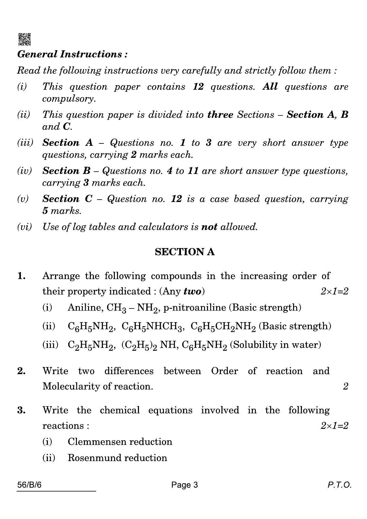 CBSE Class 12 56-B-6 Chemistry Blind 2022 Compartment Question Paper - Page 3