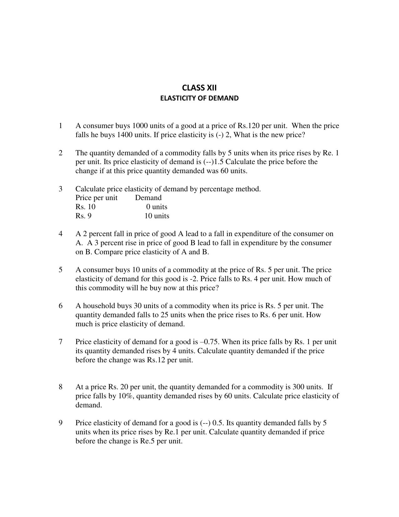 CBSE Worksheets for Class 12 Economics Elasticity of Demand - Page 1