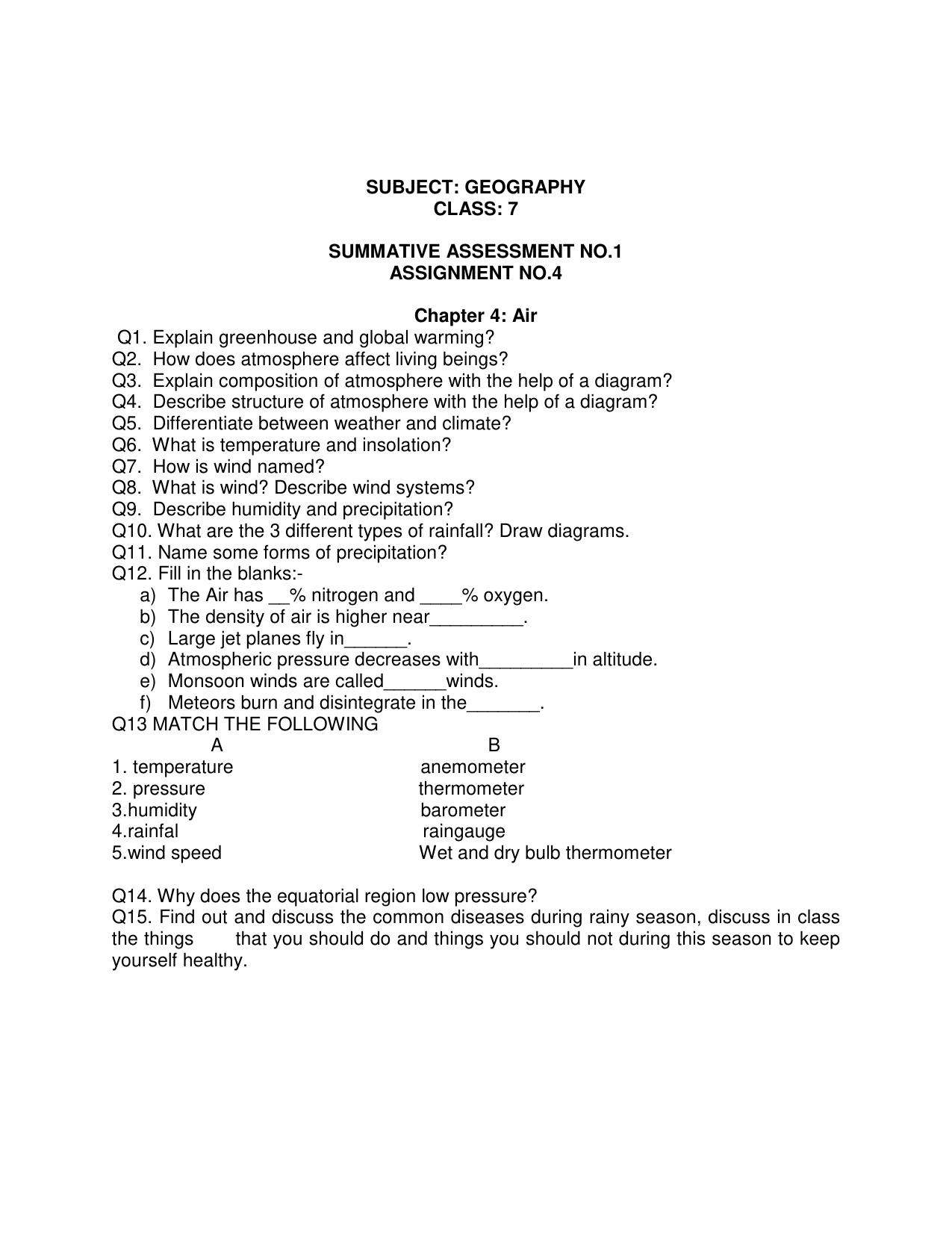 CBSE Worksheets for Class 7 Geography Assignment 12 - Page 1