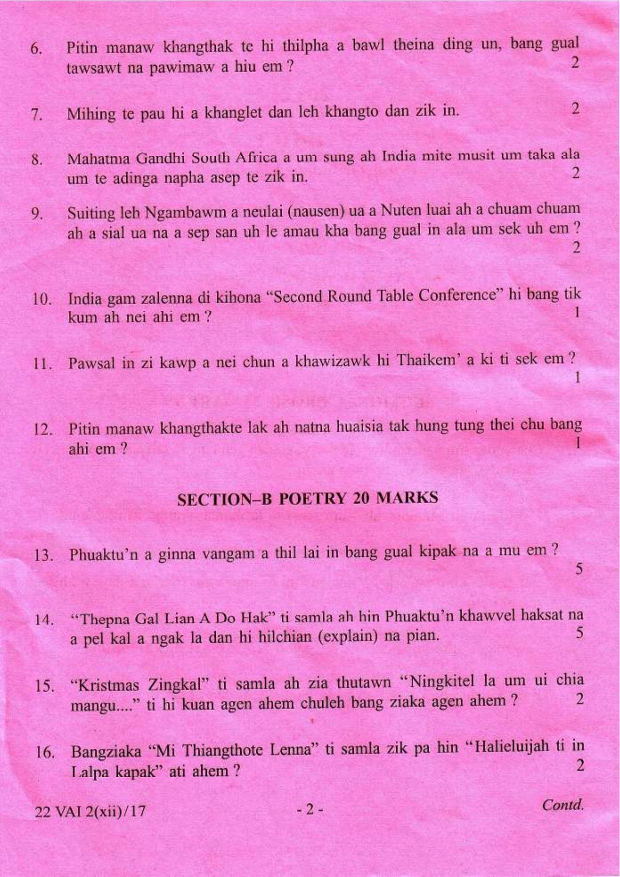 COHSEM Class 12 Vaiphei (M.I.L.) 2017 Question Papers - Page 2
