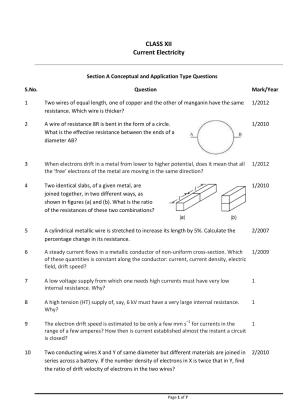 CBSE Worksheets for Class 12 Physics Current Electricity