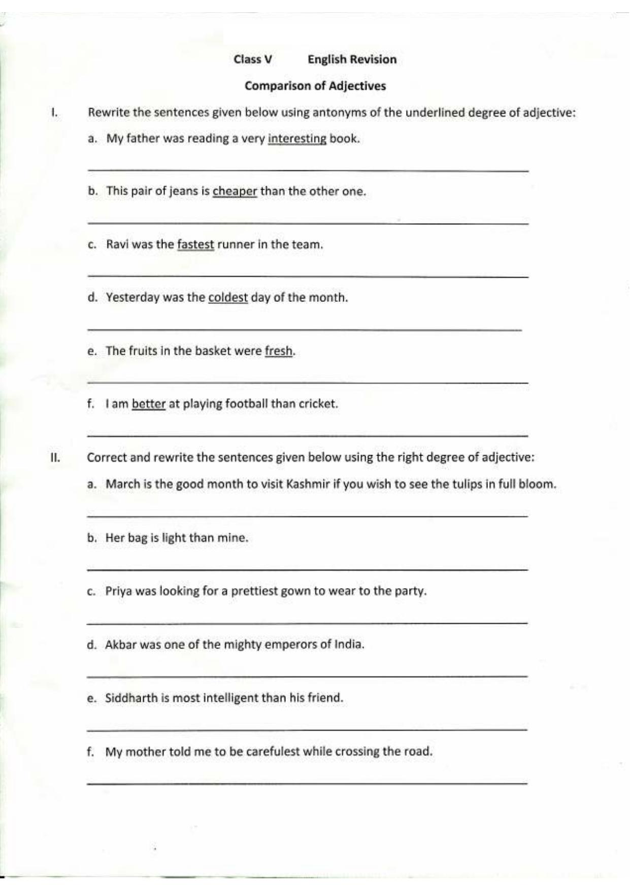 Worksheet for Class 5 English Assignment 1 - Page 1