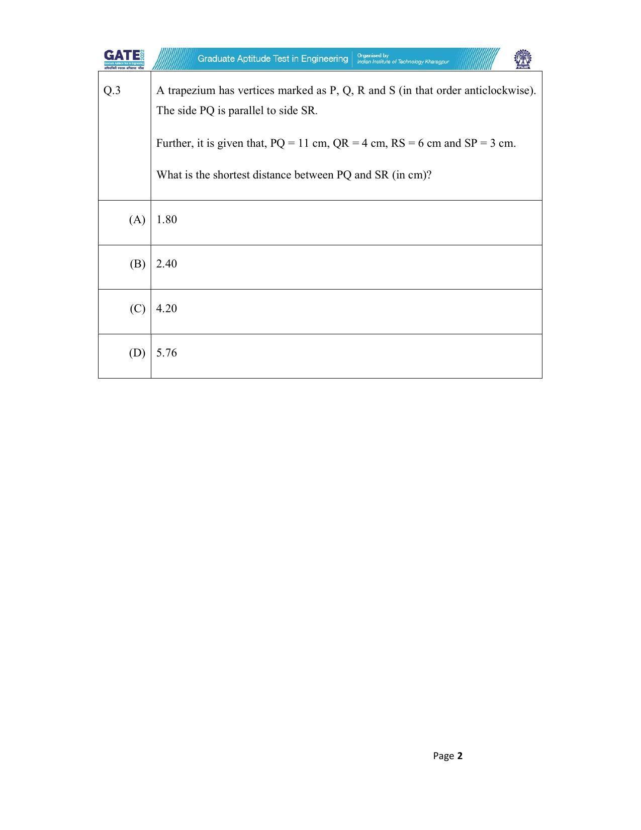 GATE 2022 Mining Engineering (MN) Question Paper - Page 2