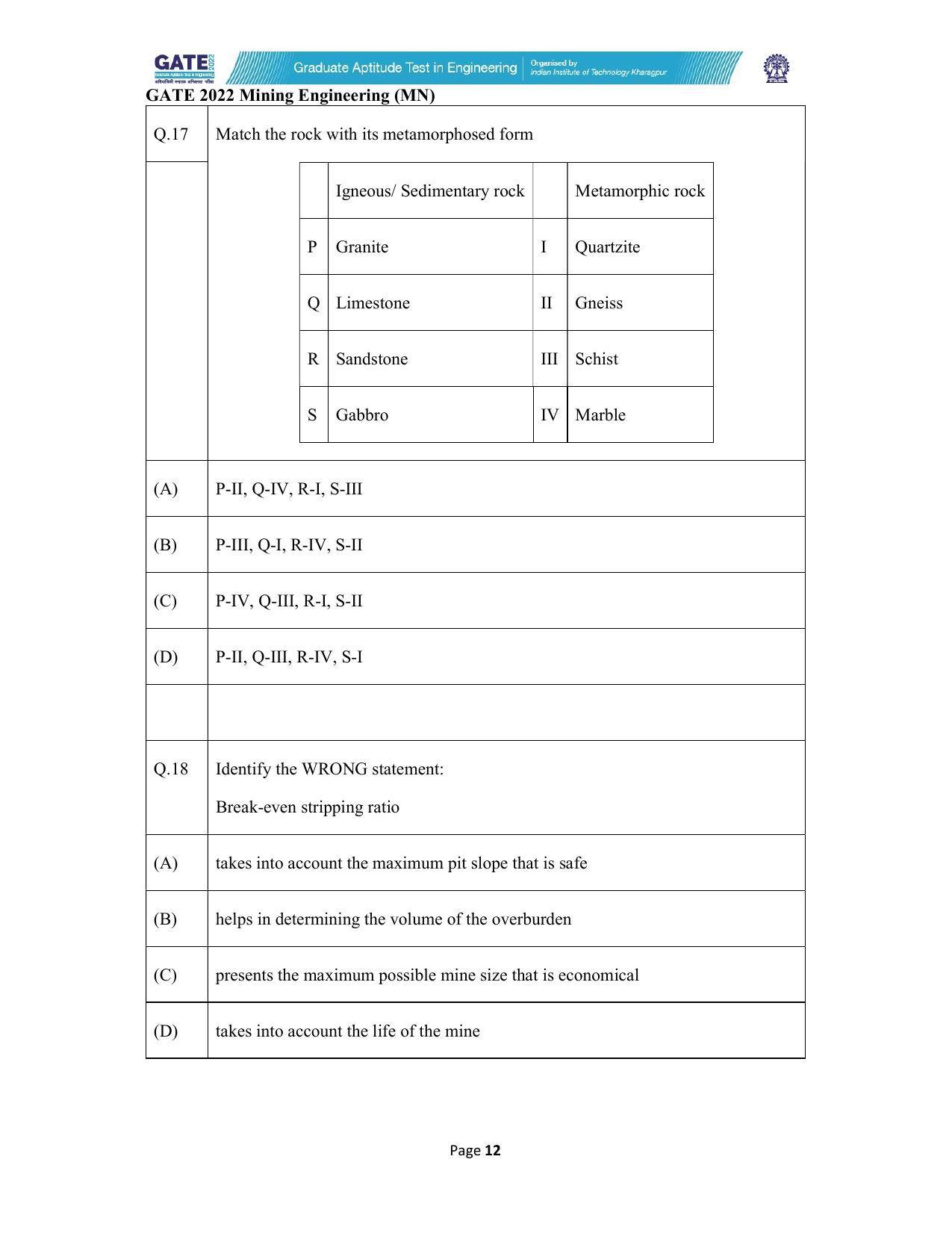 GATE 2022 Mining Engineering (MN) Question Paper - Page 12