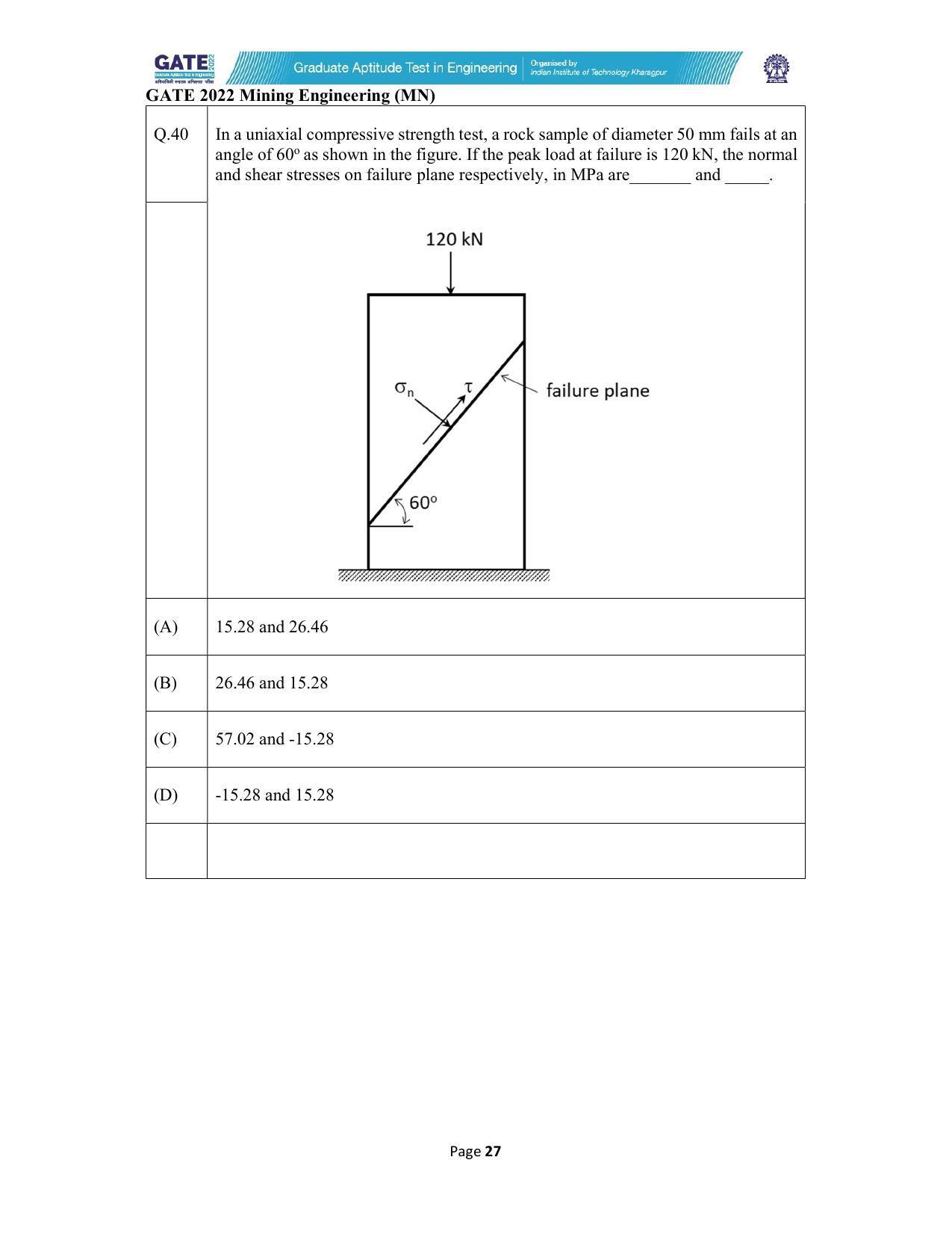 GATE 2022 Mining Engineering (MN) Question Paper - Page 27