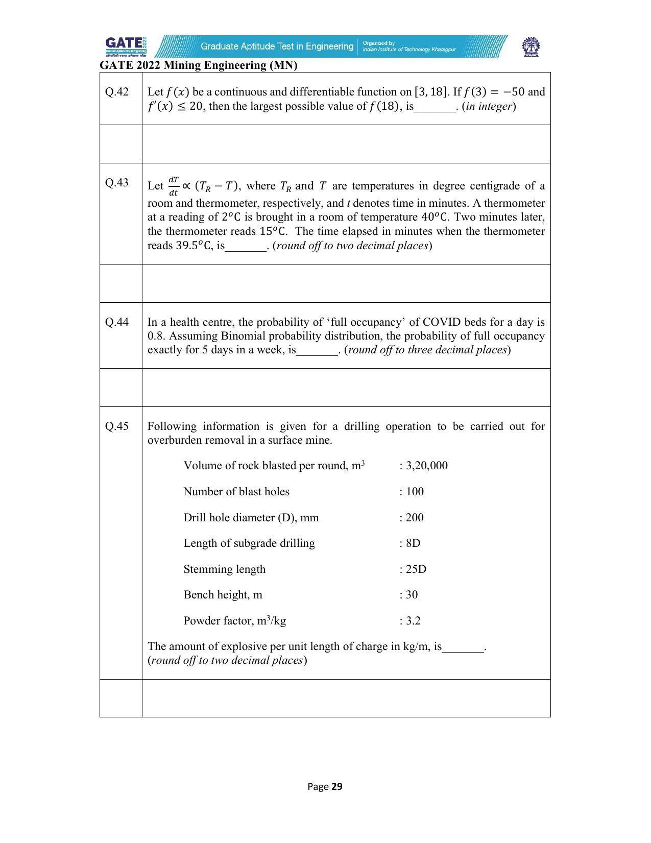 GATE 2022 Mining Engineering (MN) Question Paper - Page 29