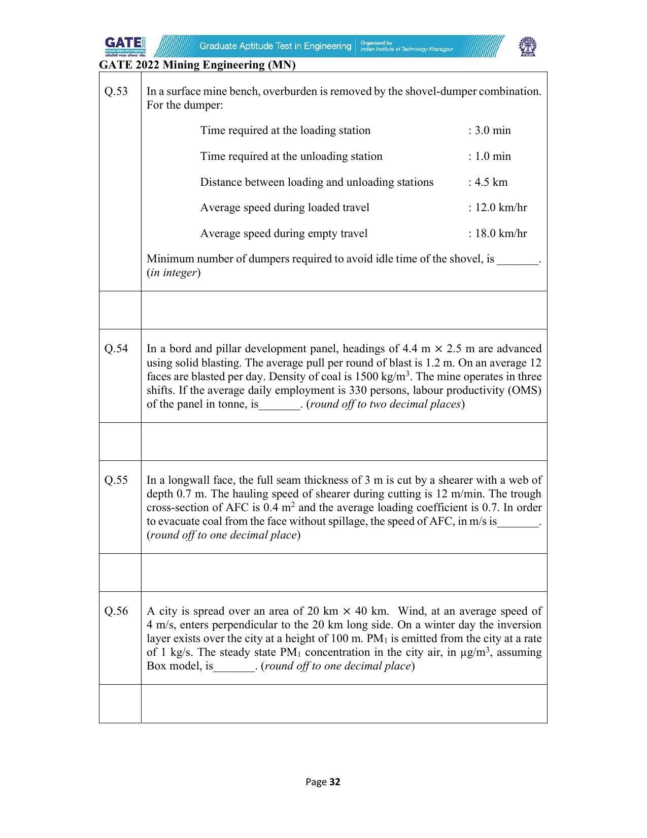GATE 2022 Mining Engineering (MN) Question Paper - Page 32