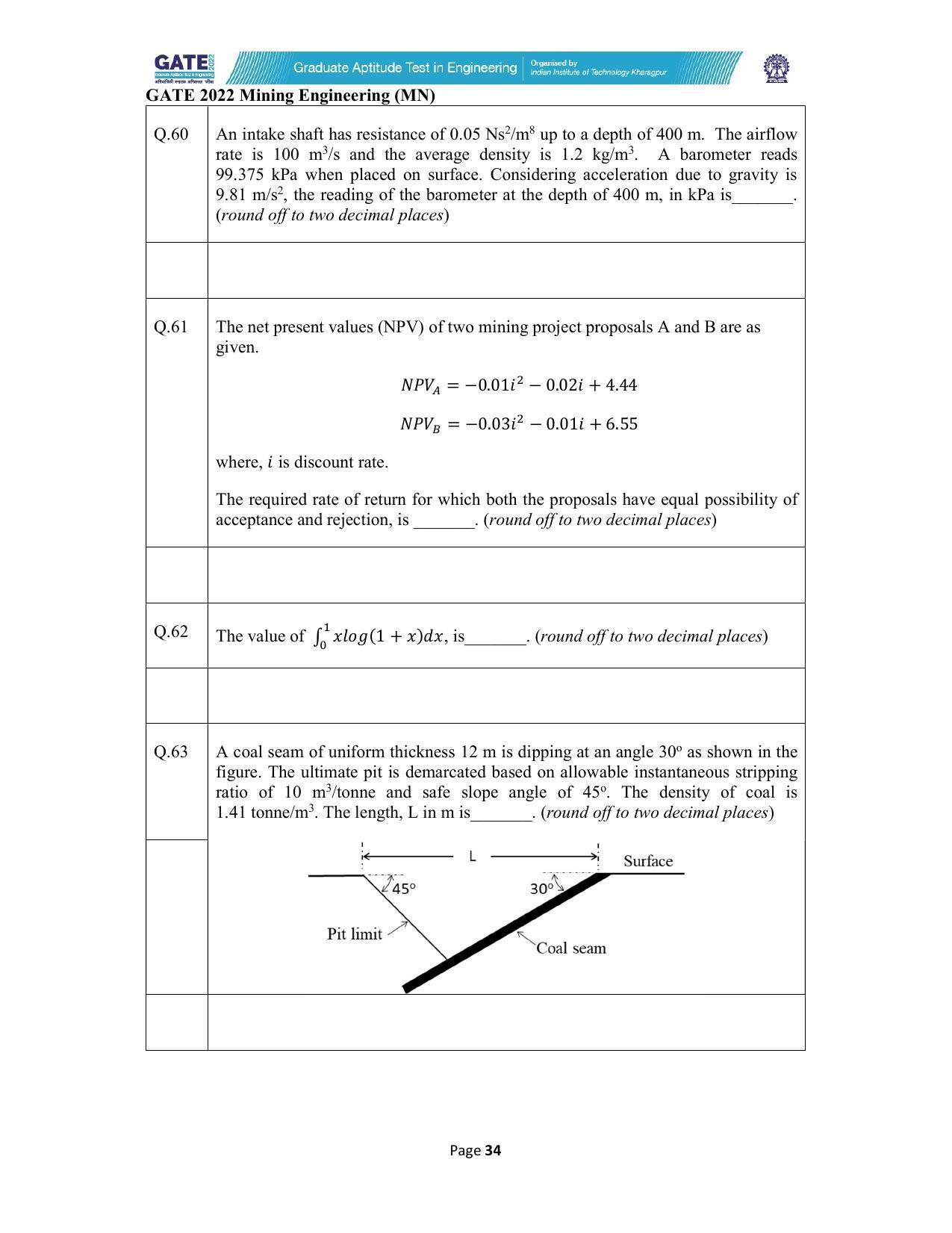 GATE 2022 Mining Engineering (MN) Question Paper - Page 34