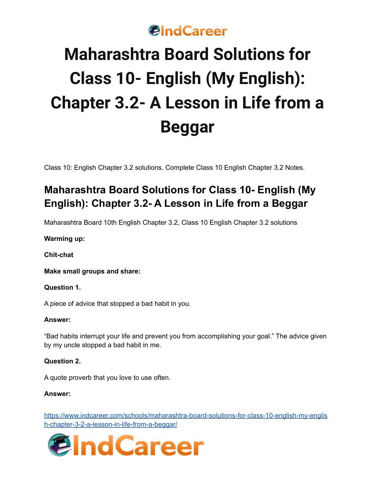 Maharashtra Board Solutions for Class 10- English (My English): Chapter 3.2- A Lesson in Life from a Beggar - Page 2
