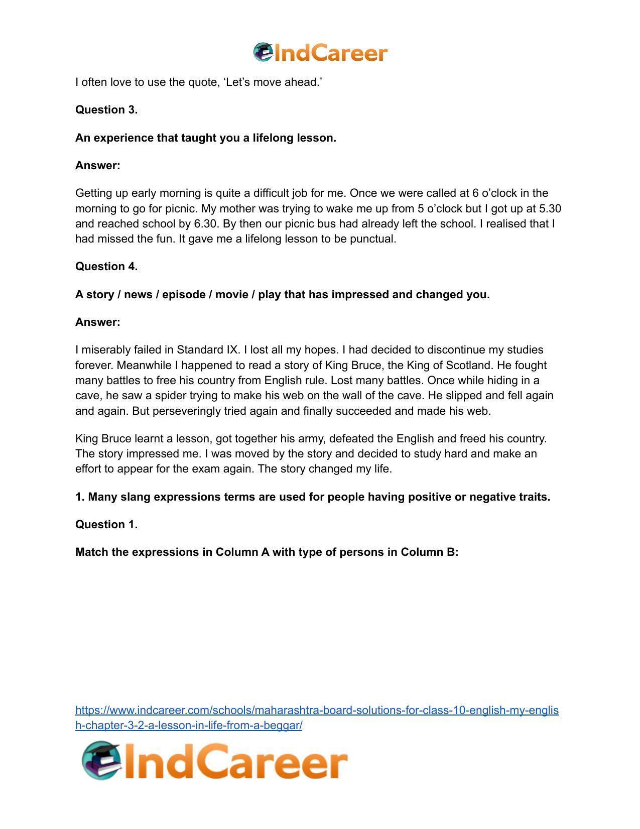 Maharashtra Board Solutions for Class 10- English (My English): Chapter 3.2- A Lesson in Life from a Beggar - Page 3