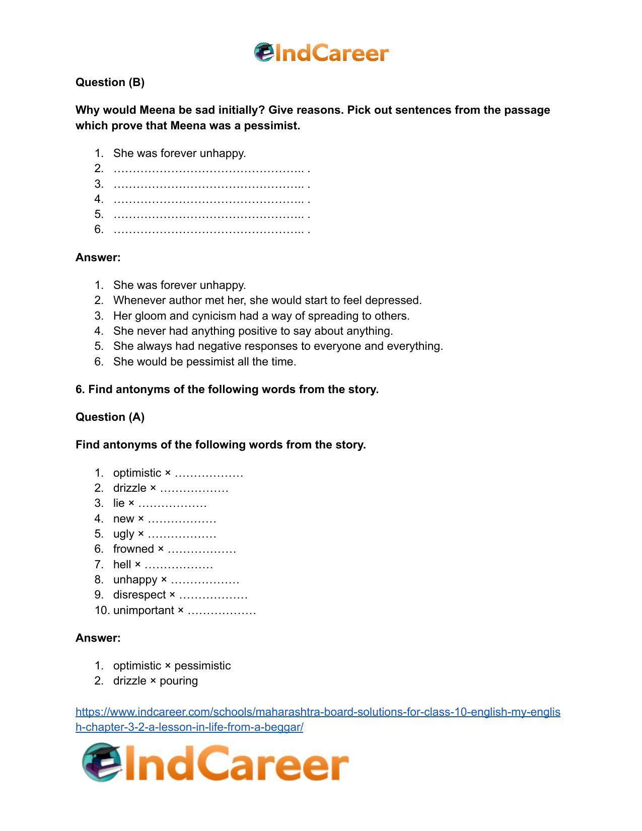 Maharashtra Board Solutions for Class 10- English (My English): Chapter 3.2- A Lesson in Life from a Beggar - Page 11