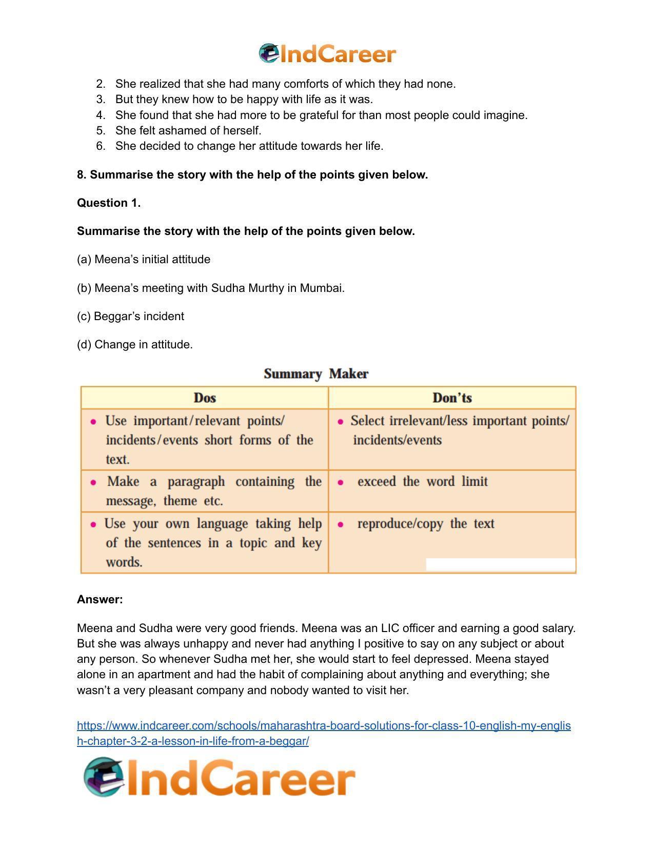 Maharashtra Board Solutions for Class 10- English (My English): Chapter 3.2- A Lesson in Life from a Beggar - Page 14