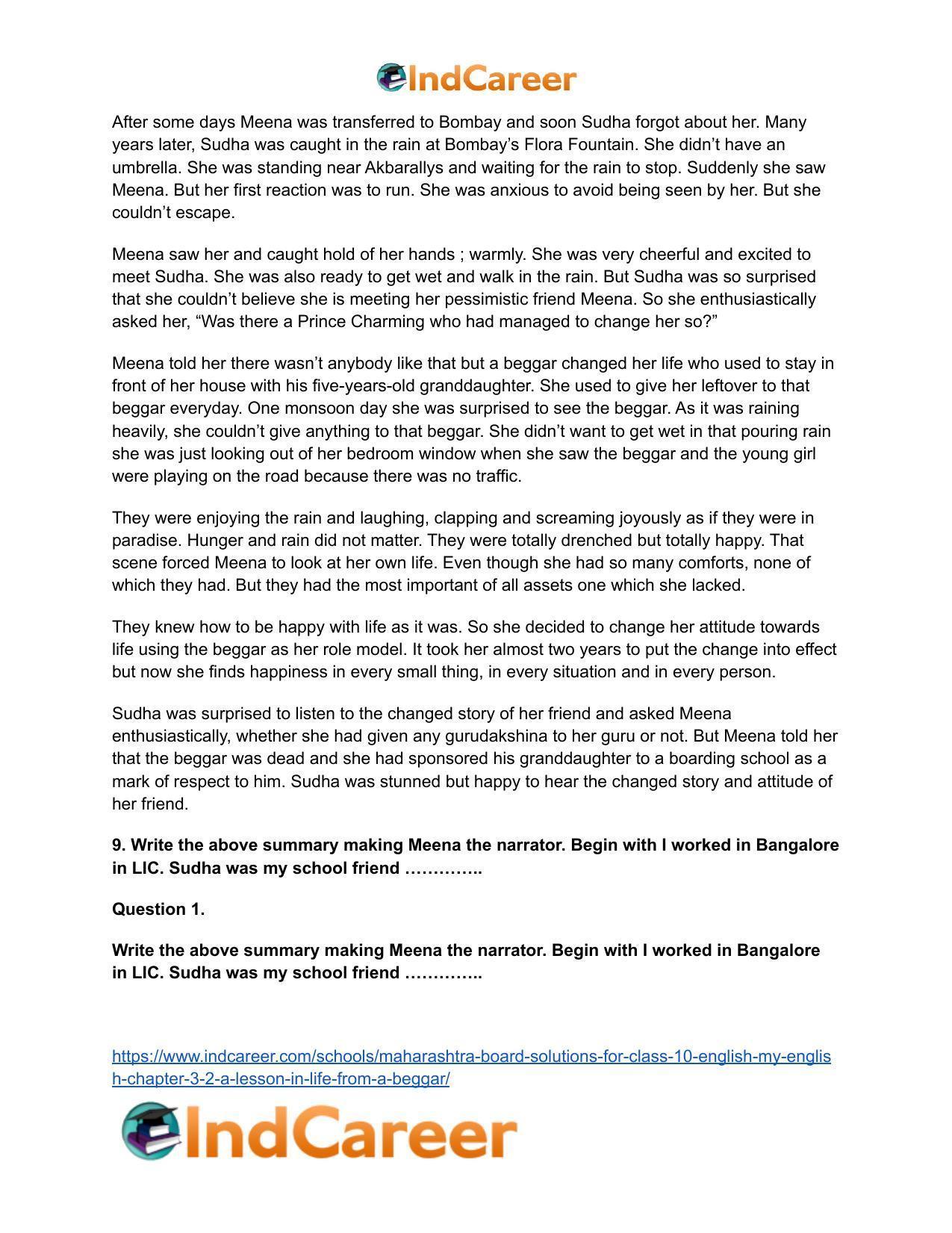 Maharashtra Board Solutions for Class 10- English (My English): Chapter 3.2- A Lesson in Life from a Beggar - Page 15