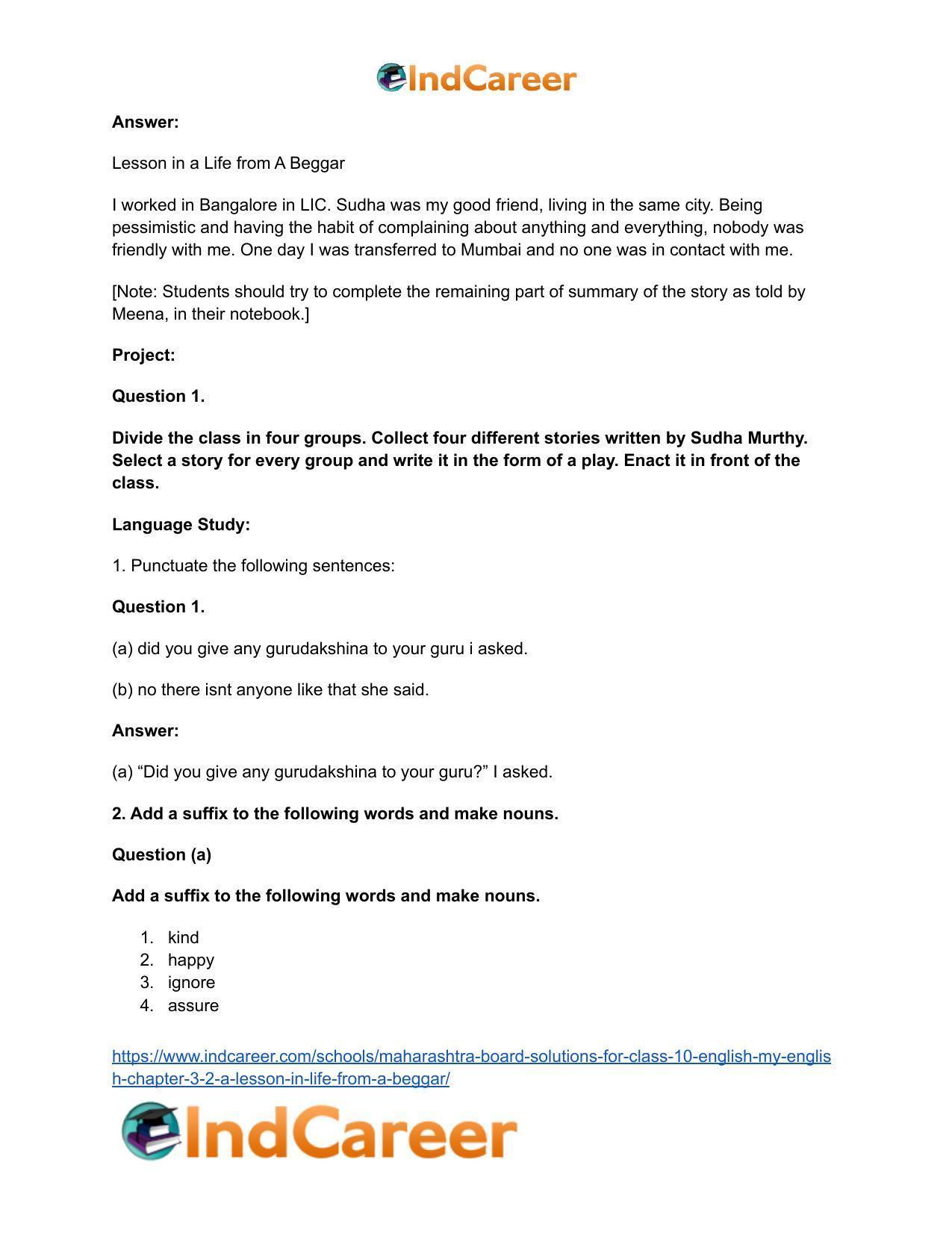 Maharashtra Board Solutions for Class 10- English (My English): Chapter 3.2- A Lesson in Life from a Beggar - Page 16