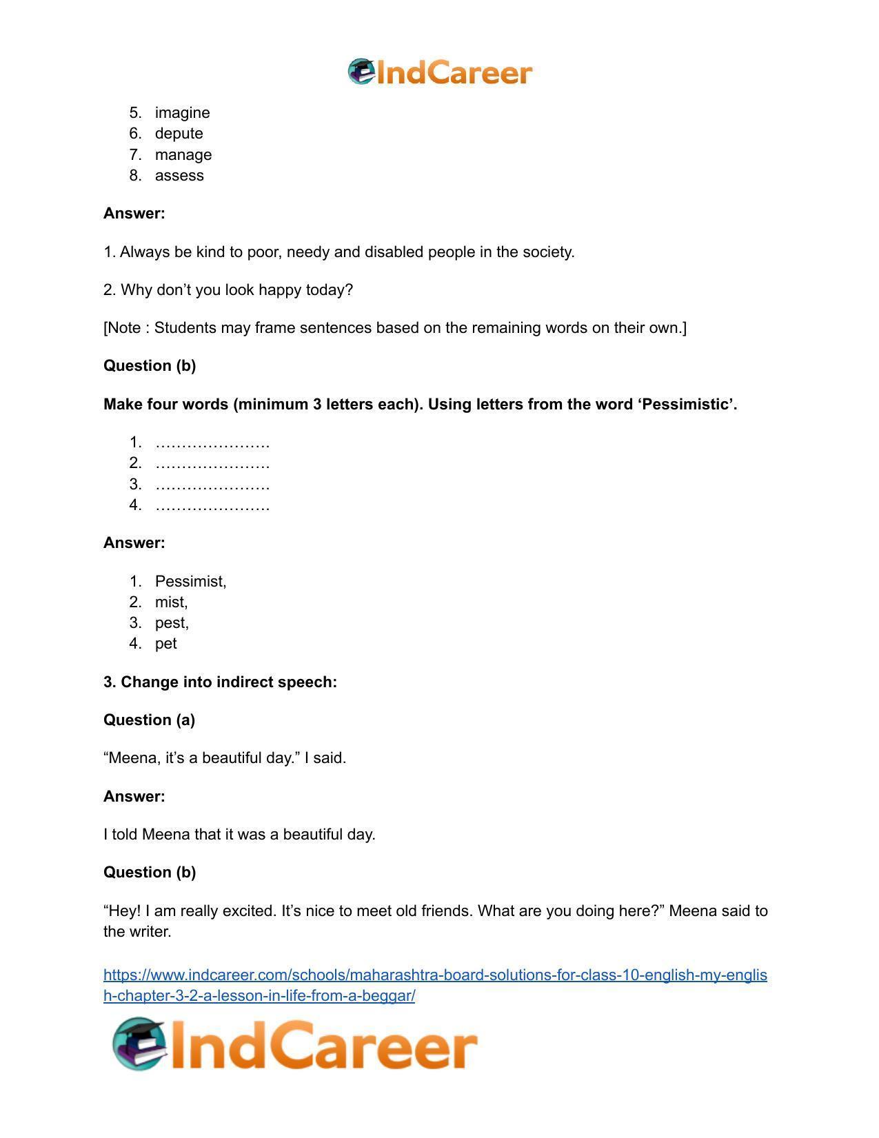 Maharashtra Board Solutions for Class 10- English (My English): Chapter 3.2- A Lesson in Life from a Beggar - Page 17