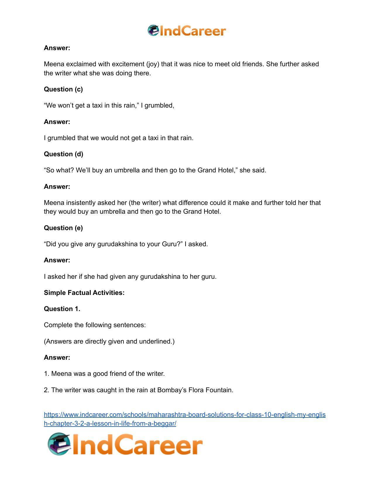 Maharashtra Board Solutions for Class 10- English (My English): Chapter 3.2- A Lesson in Life from a Beggar - Page 18