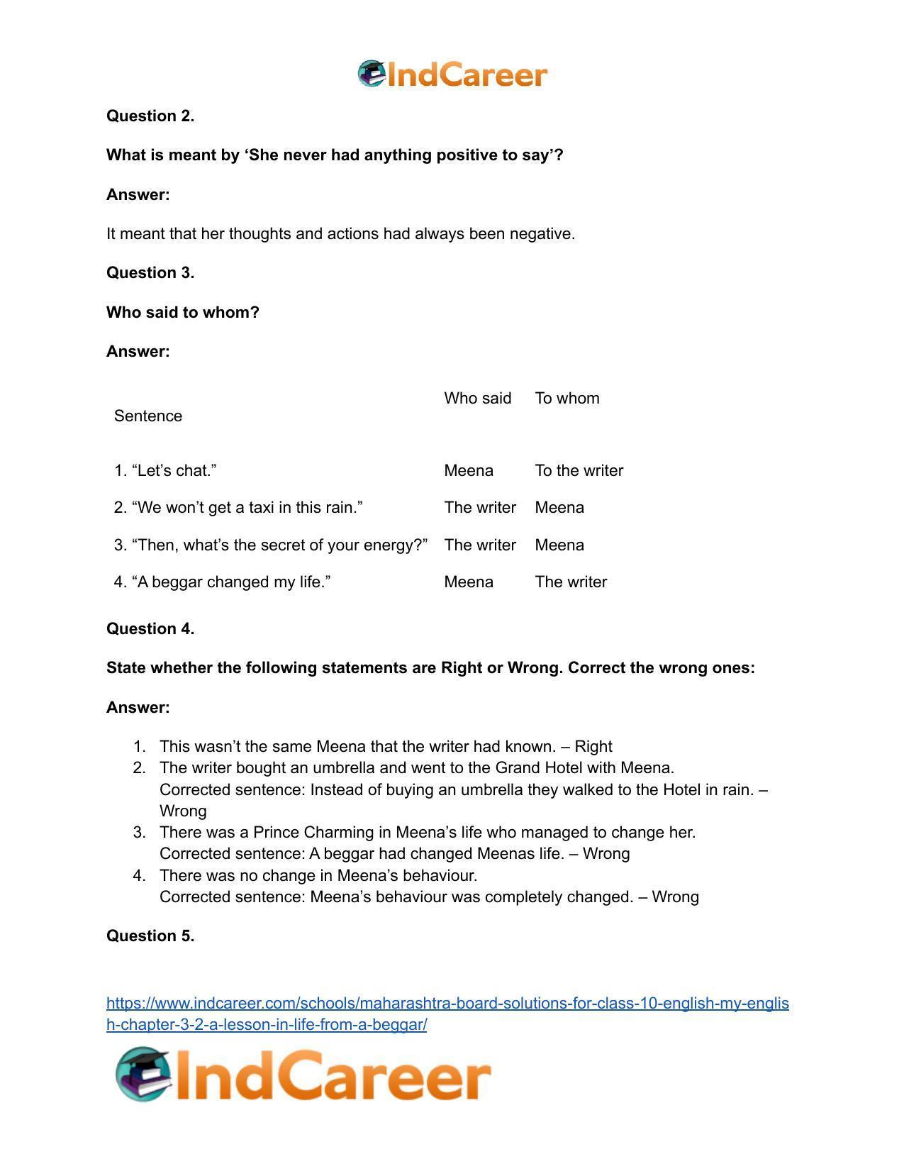 Maharashtra Board Solutions for Class 10- English (My English): Chapter 3.2- A Lesson in Life from a Beggar - Page 19