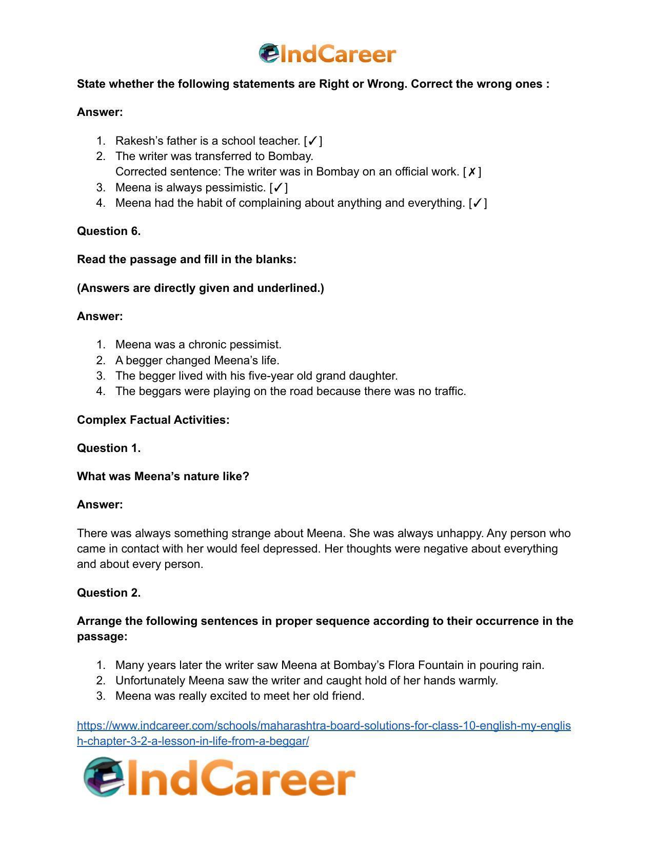 Maharashtra Board Solutions for Class 10- English (My English): Chapter 3.2- A Lesson in Life from a Beggar - Page 20