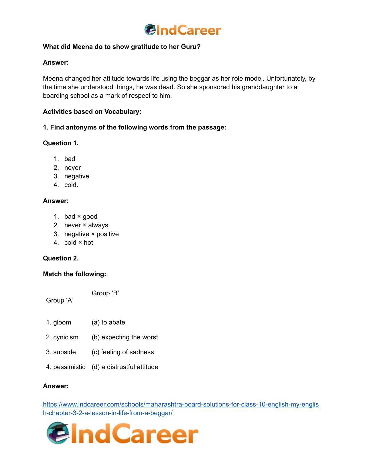 Maharashtra Board Solutions for Class 10- English (My English): Chapter 3.2- A Lesson in Life from a Beggar - Page 24