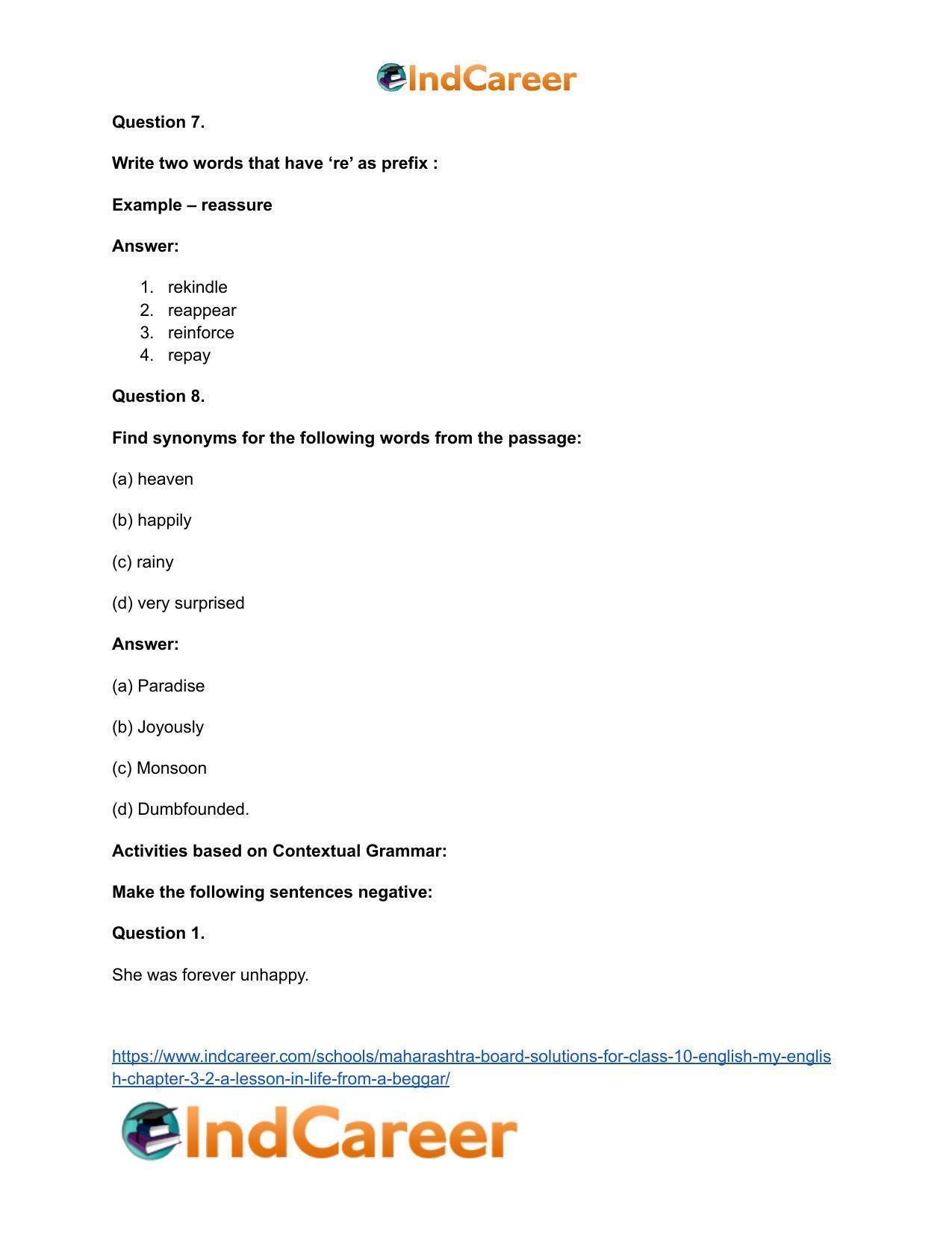 Maharashtra Board Solutions for Class 10- English (My English): Chapter 3.2- A Lesson in Life from a Beggar - Page 27