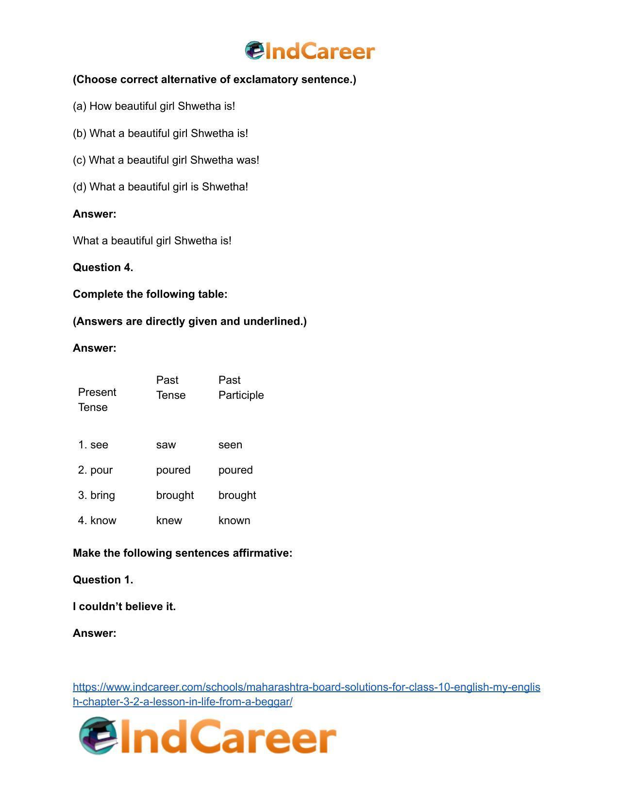 Maharashtra Board Solutions for Class 10- English (My English): Chapter 3.2- A Lesson in Life from a Beggar - Page 29