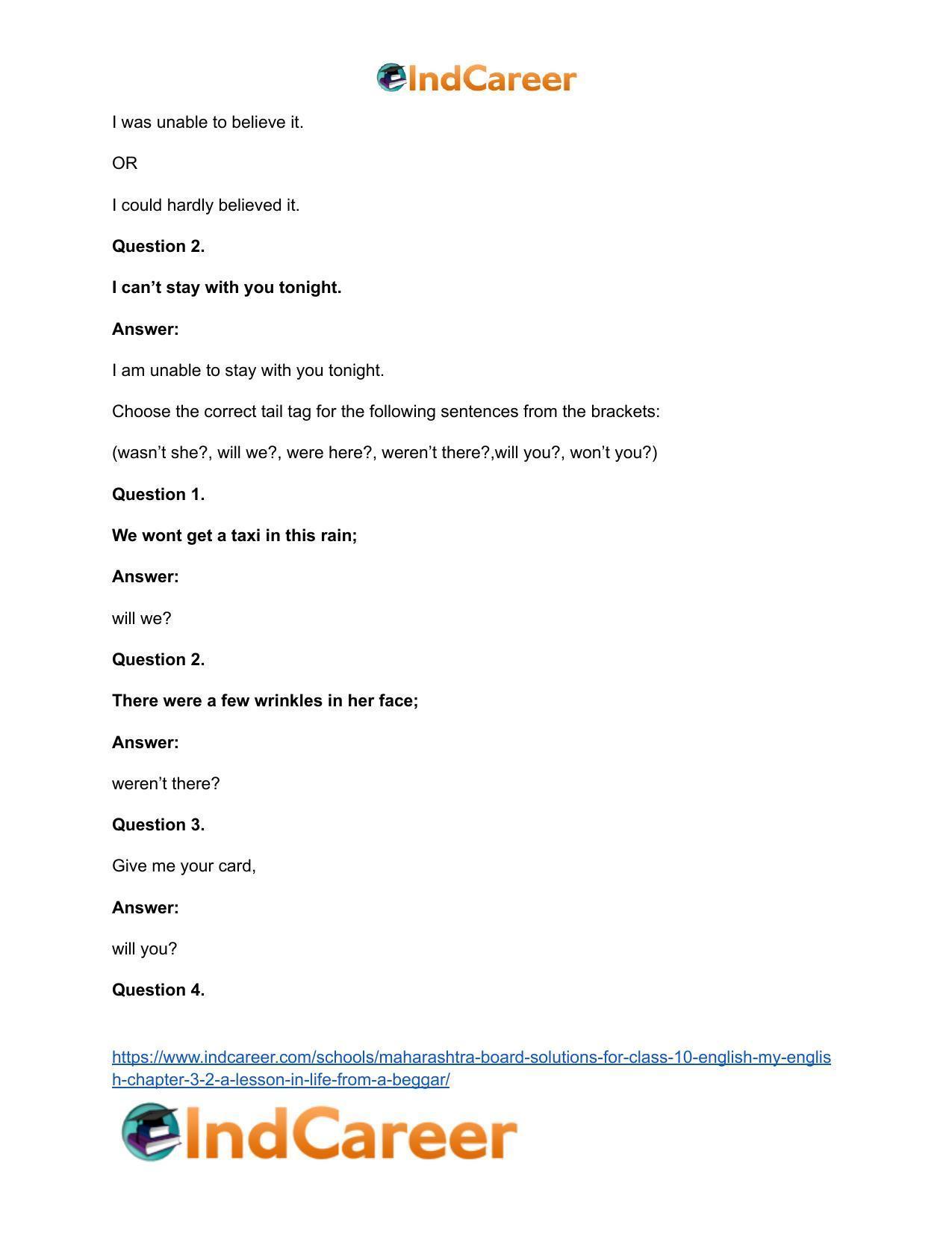 Maharashtra Board Solutions for Class 10- English (My English): Chapter 3.2- A Lesson in Life from a Beggar - Page 30