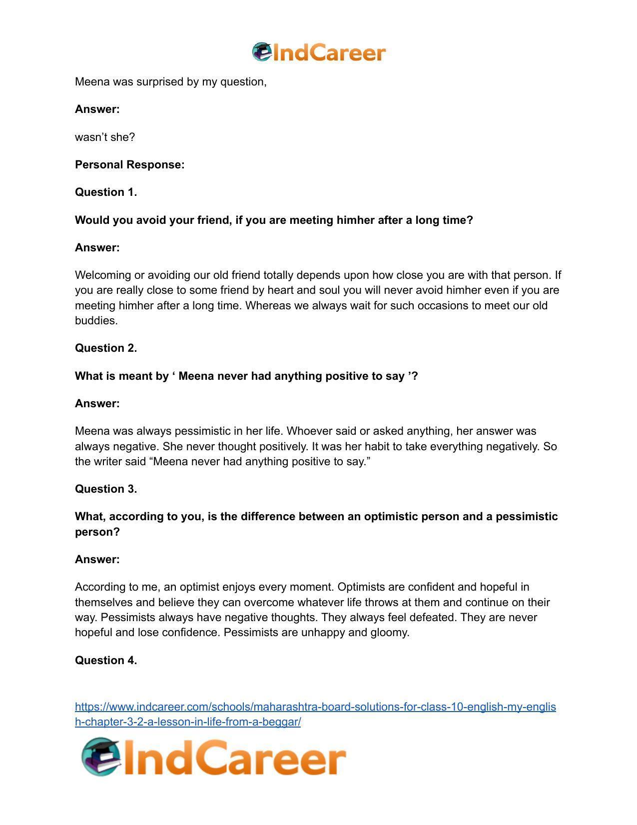 Maharashtra Board Solutions for Class 10- English (My English): Chapter 3.2- A Lesson in Life from a Beggar - Page 31
