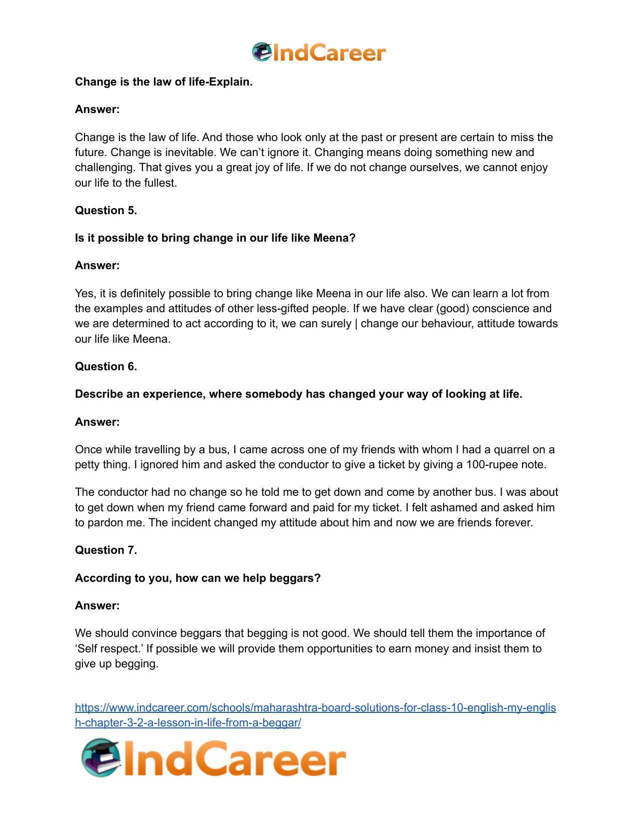 Maharashtra Board Solutions for Class 10- English (My English): Chapter 3.2- A Lesson in Life from a Beggar - Page 32
