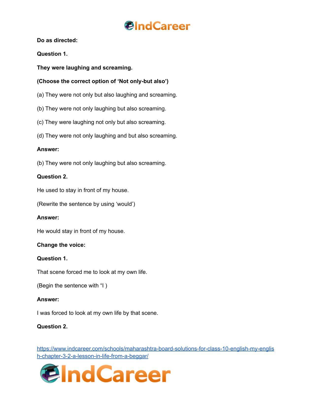 Maharashtra Board Solutions for Class 10- English (My English): Chapter 3.2- A Lesson in Life from a Beggar - Page 33