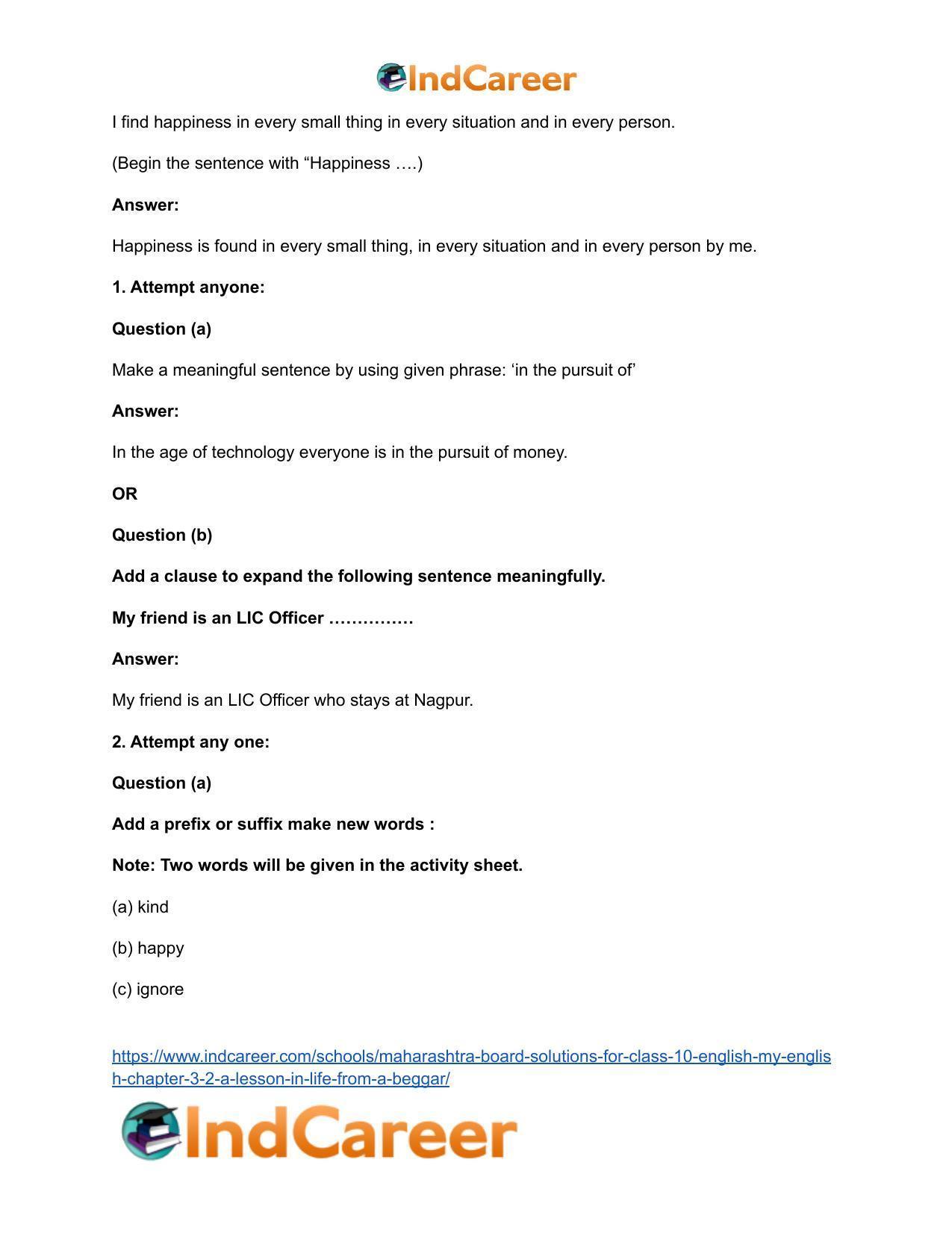 Maharashtra Board Solutions for Class 10- English (My English): Chapter 3.2- A Lesson in Life from a Beggar - Page 34