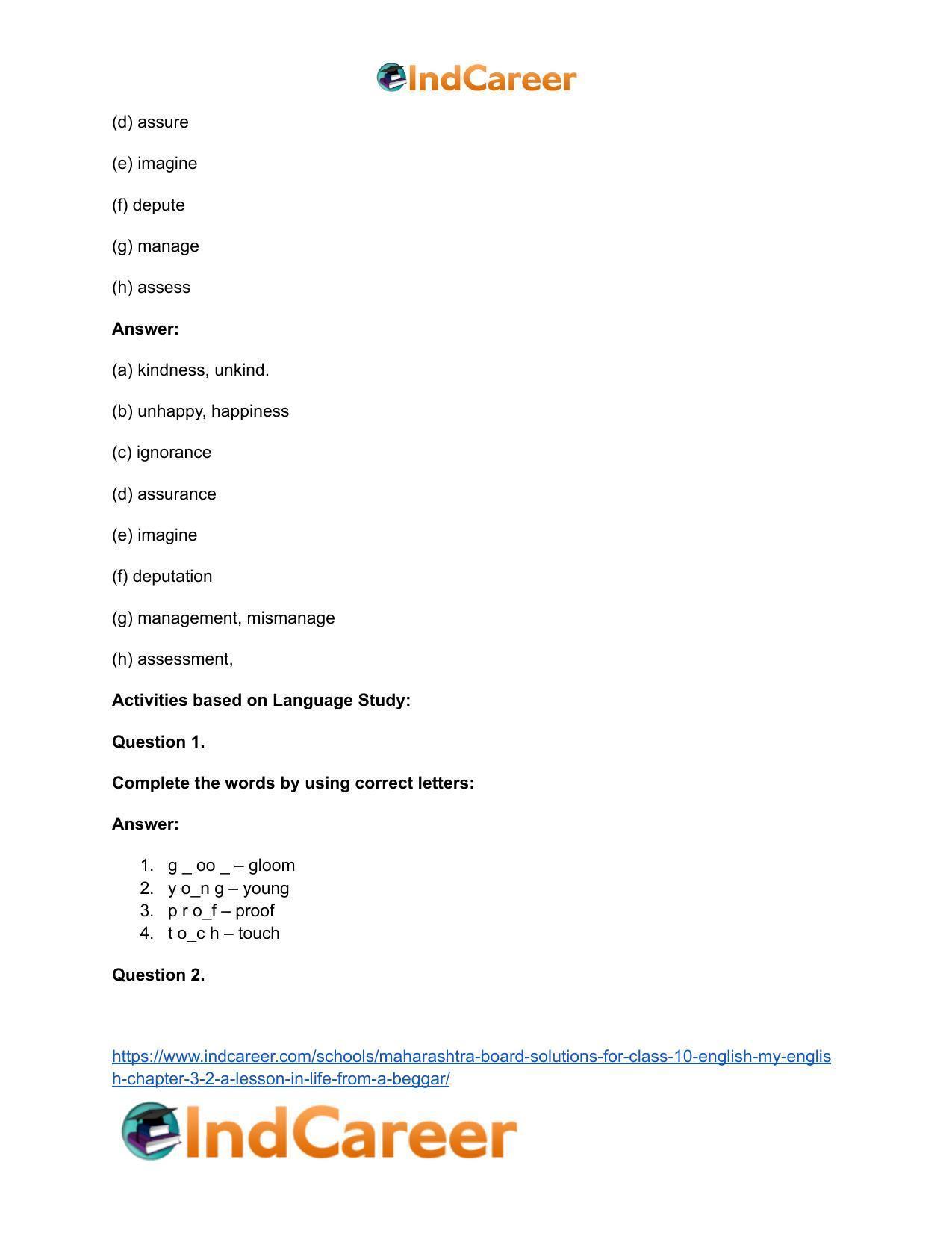 Maharashtra Board Solutions for Class 10- English (My English): Chapter 3.2- A Lesson in Life from a Beggar - Page 35