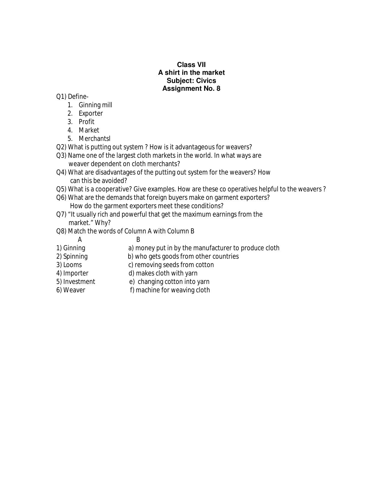 CBSE Worksheets for Class 7 Civics Assignment 8 - Page 1