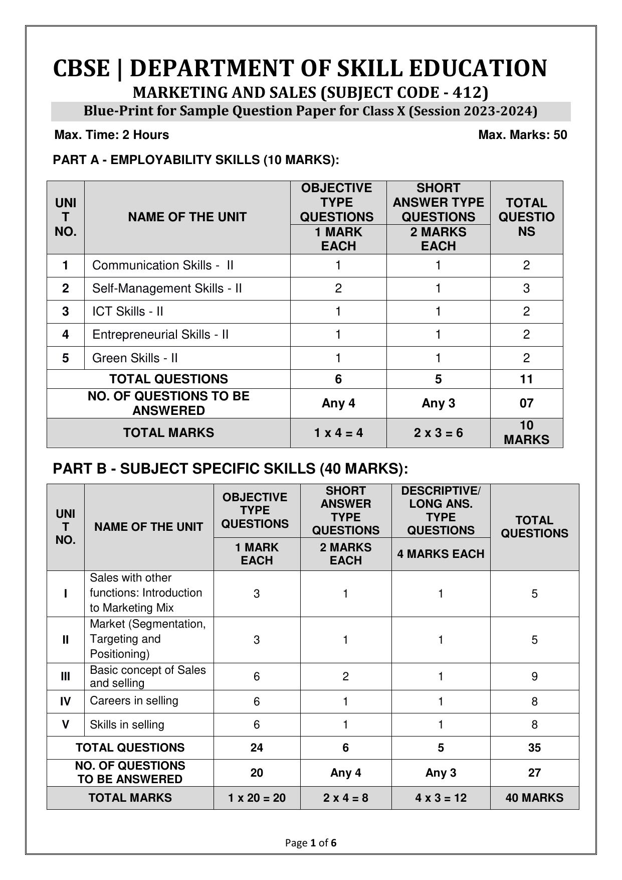 CBSE Class 10 (Skill Education) Marketing & Sales 2024 Sample Paper - Page 1