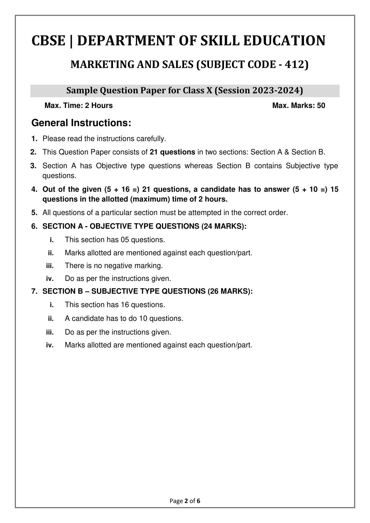 CBSE Class 10 (Skill Education) Marketing & Sales 2024 Sample Paper - Page 2