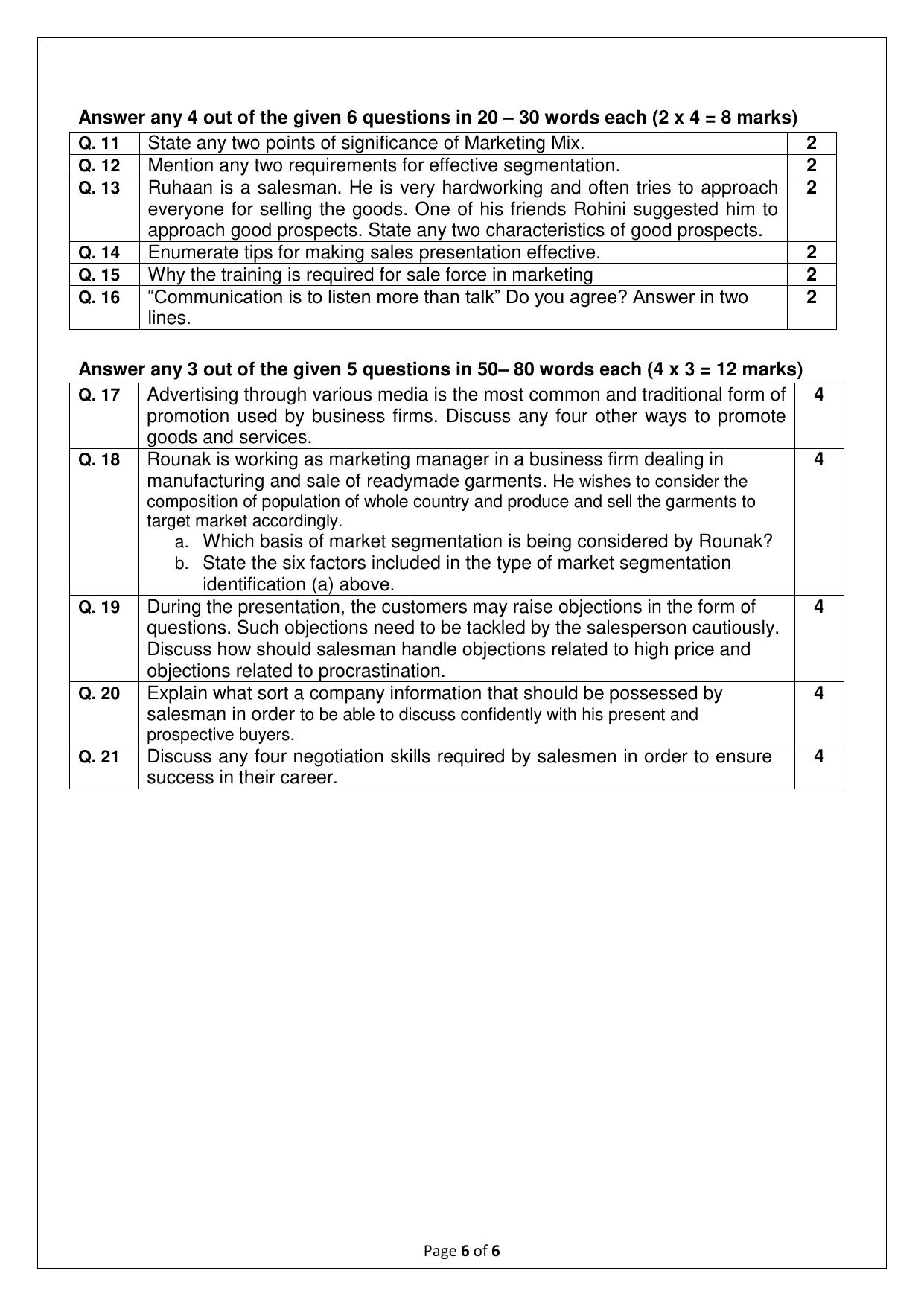 CBSE Class 10 (Skill Education) Marketing & Sales 2024 Sample Paper - Page 6