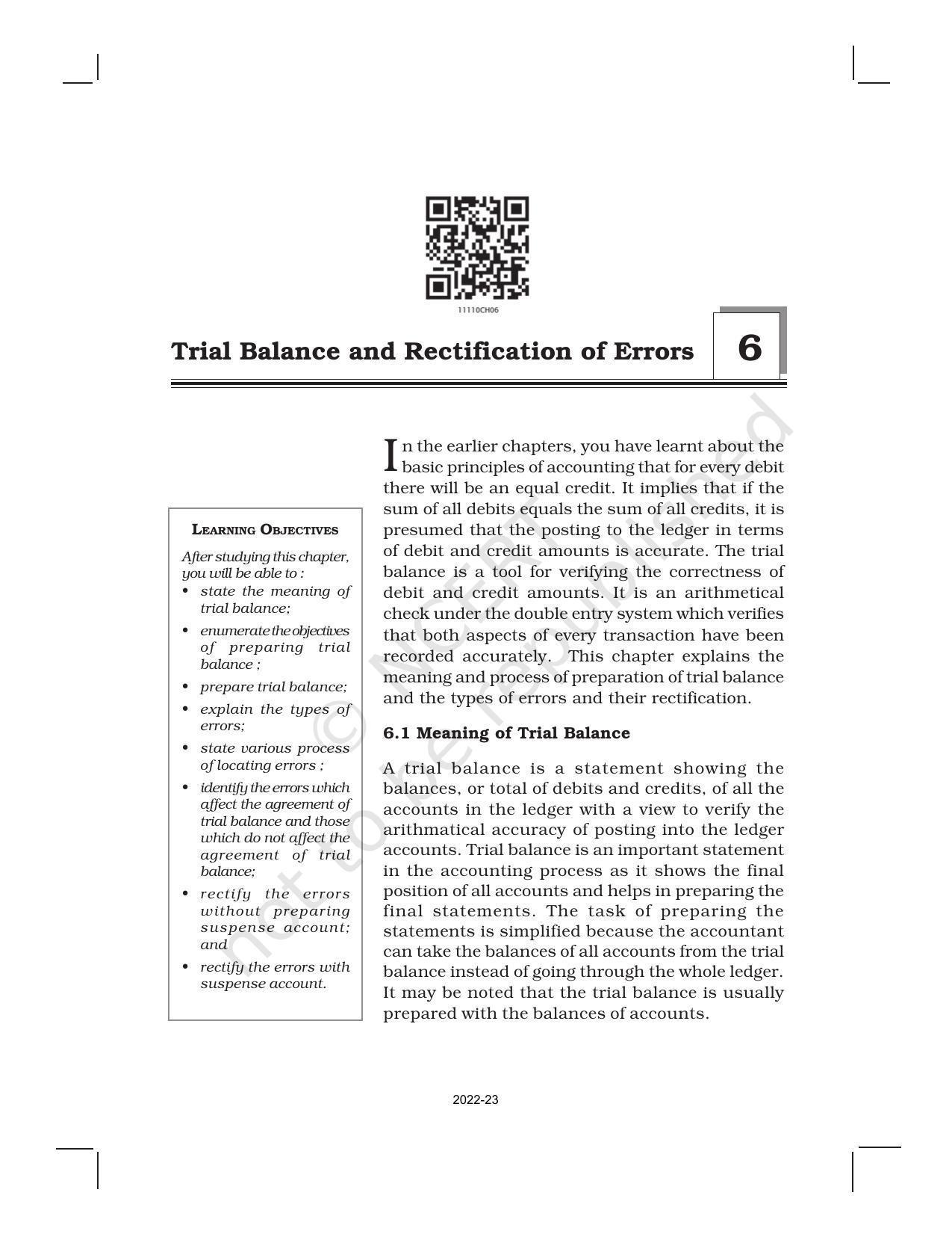 NCERT Book for Class 11 Accountancy (Part-I) Chapter 6 Trial Balance and Rectification of Errors - Page 1