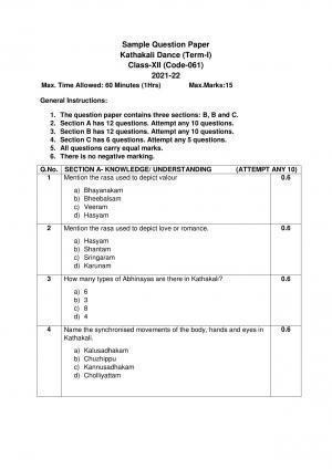 CBSE Class 12th Kathakali Sample Question Paper 2021-22