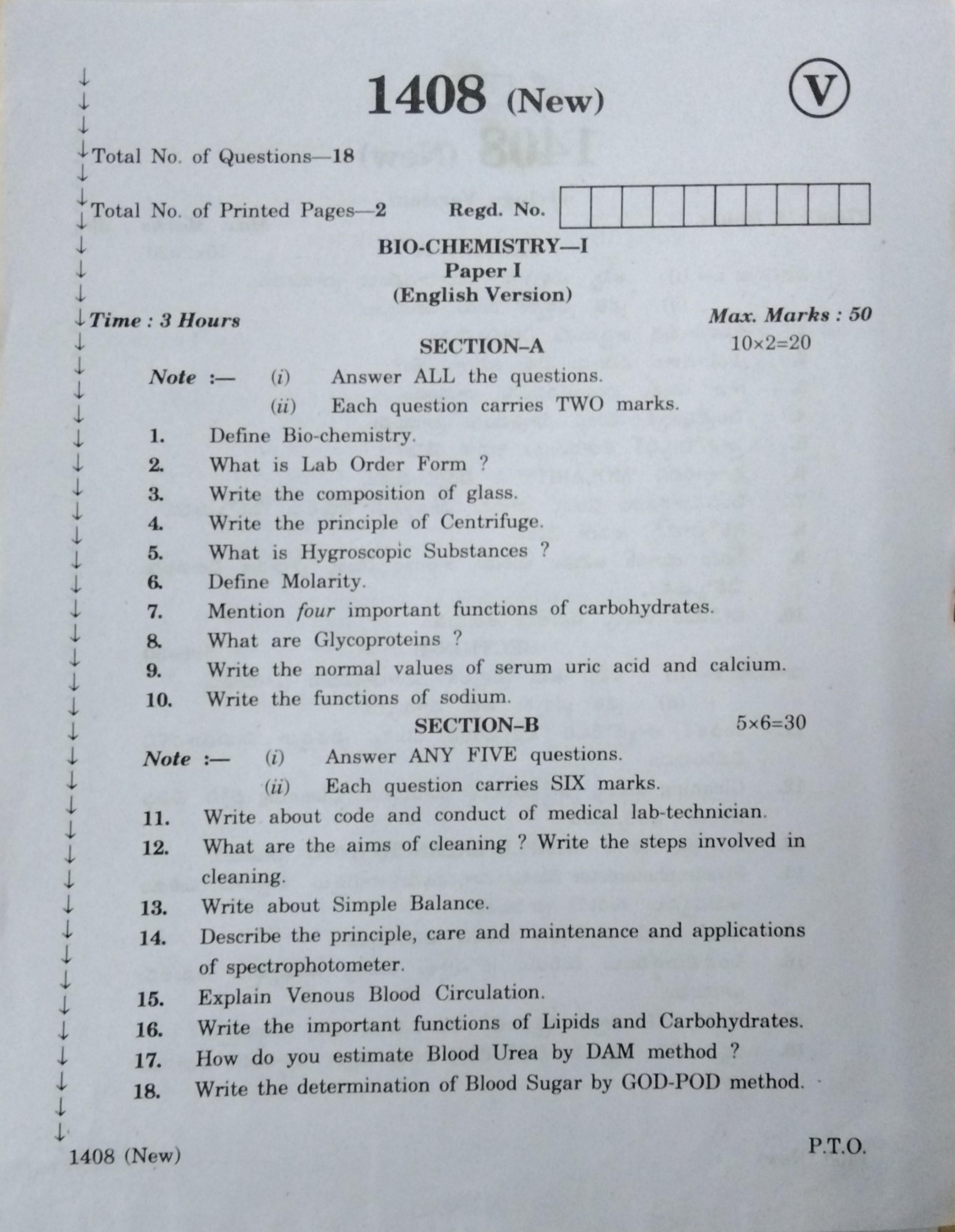 AP Inter 2nd Year Vocational Question Paper March - 2020 - Bio Chemistry - I - Page 1