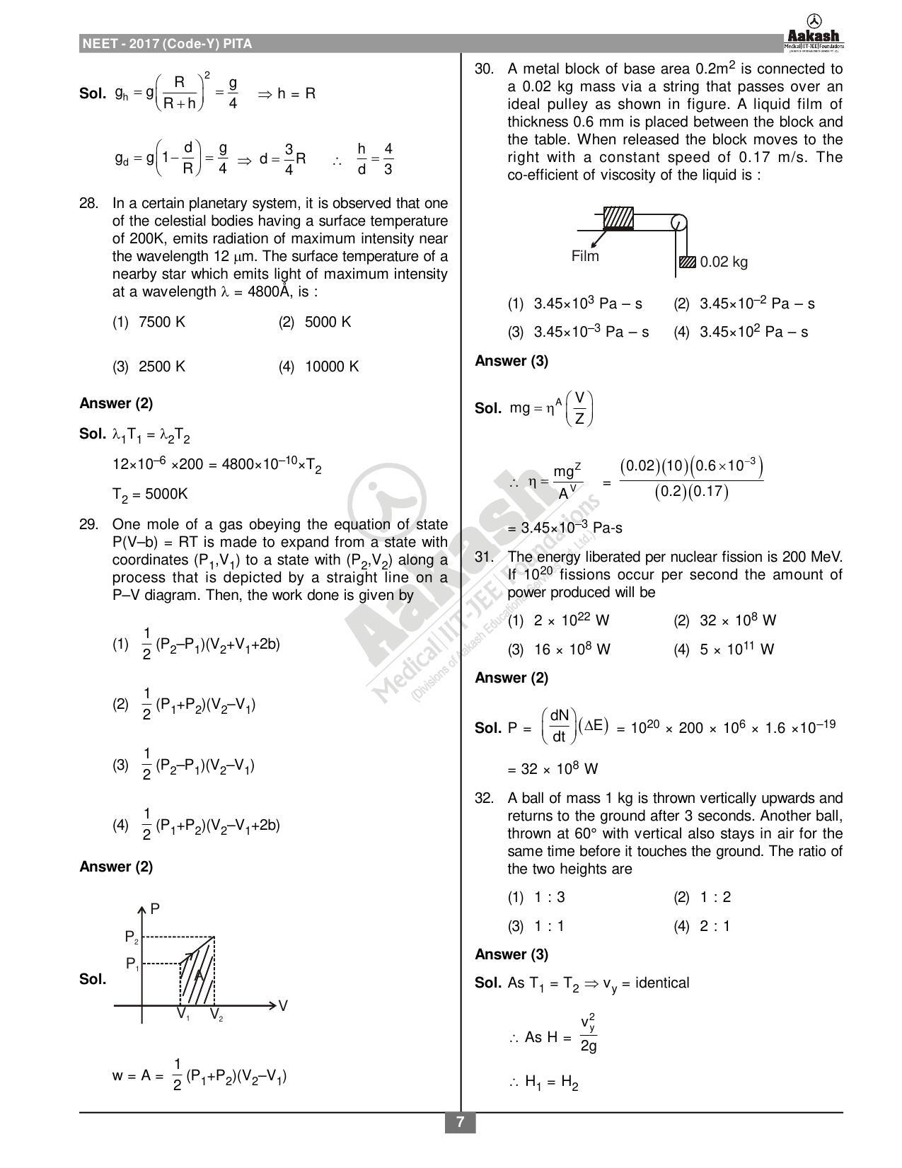  NEET Code Y 2017 Answer & Solutions - Page 7