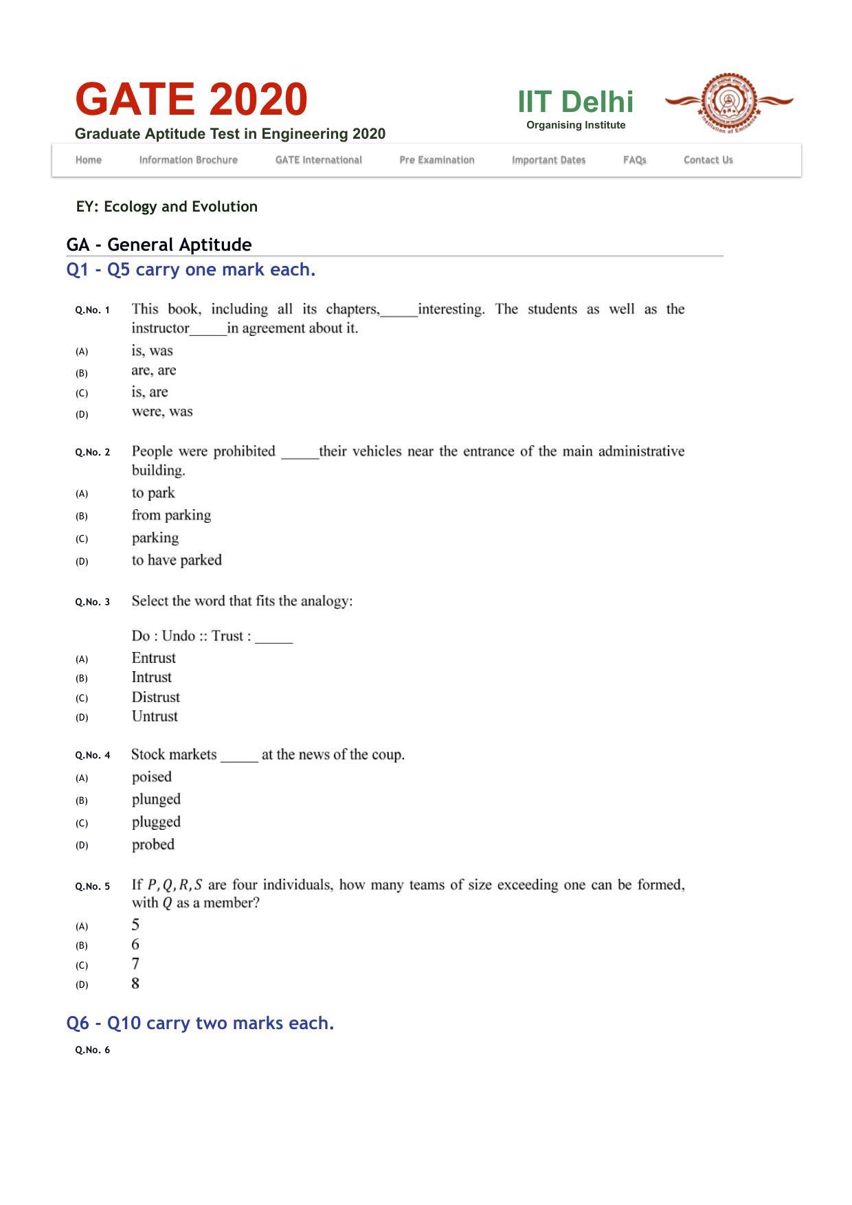 GATE 2020 Ecology and Evolution (EY) Question Paper - Page 1
